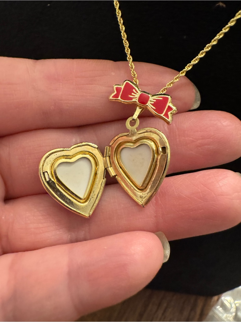 Vintage Style Heart Locket Necklace Red Bow Heart to Heart Gold Tone